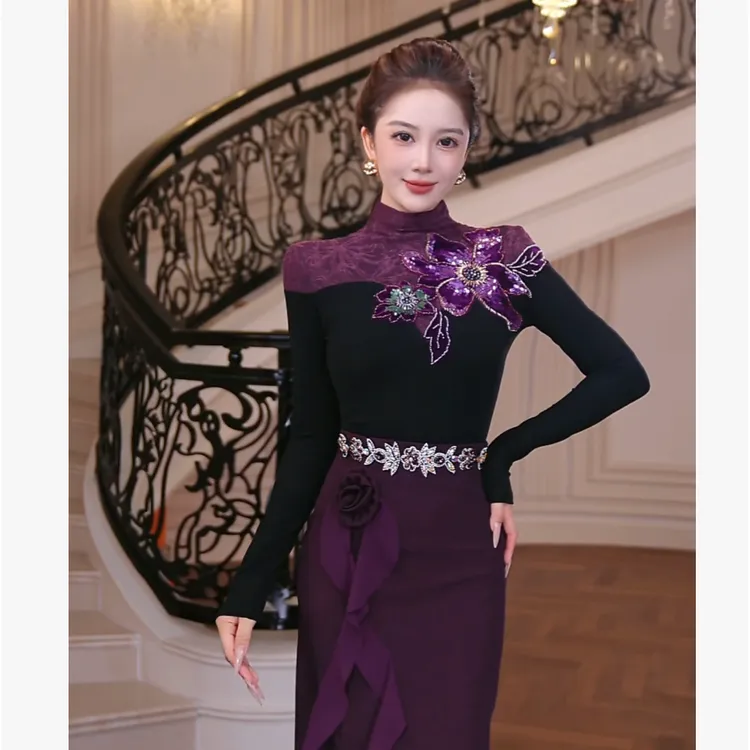 【芙娜妮】2025刺绣针织衫秋冬时尚打底衫短款套头上衣女F2531177A