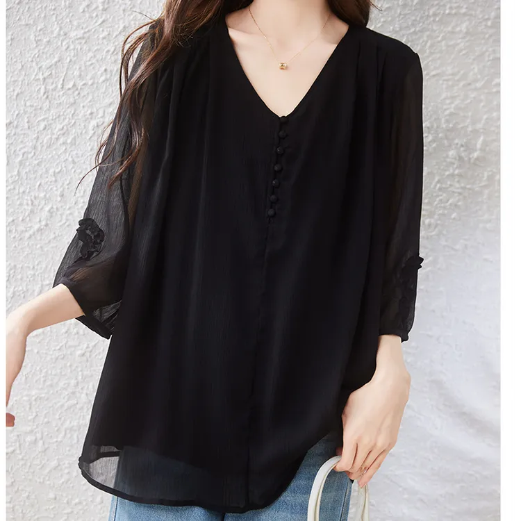 雪纺衫洋气衬衣气质时尚韩版遮肚子常规款休闲宽松七分袖V领上衣