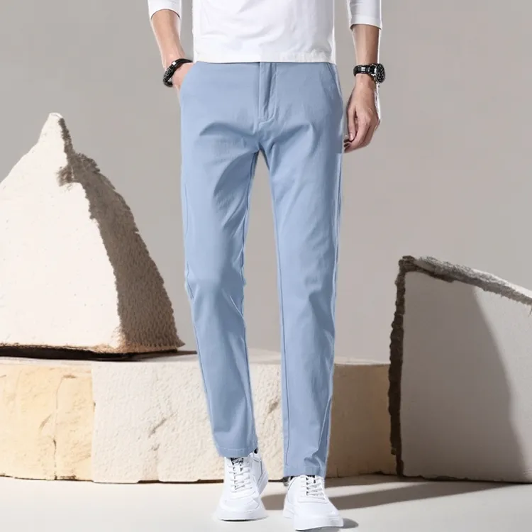 诺顿雷斯纯棉直筒休闲裤男士新款夏季薄款男裤浅蓝色商务修身长裤