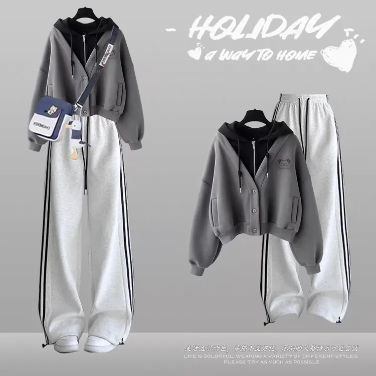 11-17岁初中学生套装女2025秋季大童少女假两件卫衣运动裤两件套