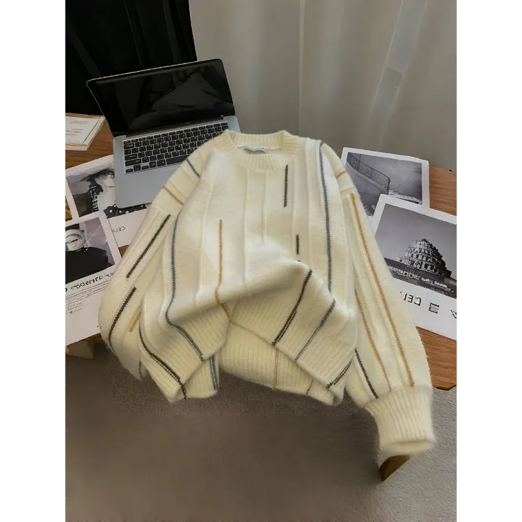 实物太美！复古慵懒风圆领软糯毛衣女秋季新款上衣宽松套头针织衫