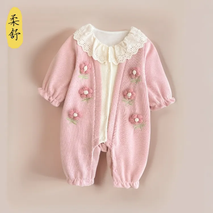 婴儿衣服春装新款新生女宝宝连体衣花朵长袖满月百天周岁外出爬服