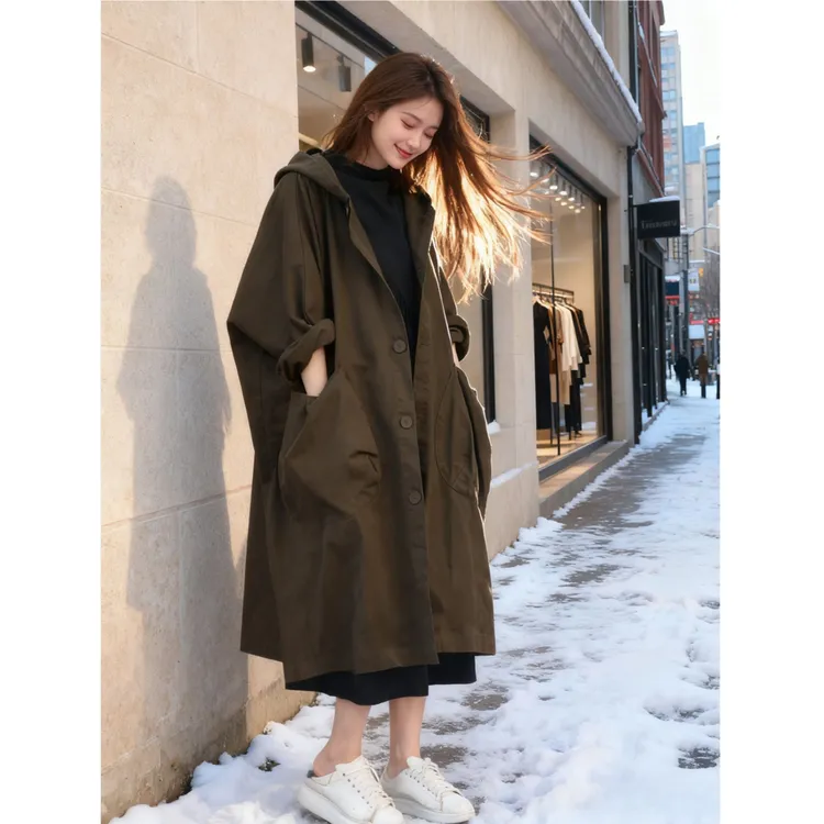 复古大码微胖文艺连帽中长款外套风衣纯棉厚款保暖加棉大衣秋冬潮