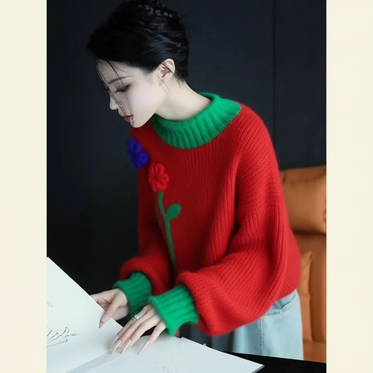 新年喜庆漂亮多巴胺洋气减龄毛衣慵懒风高级感拼色针织衫女秋冬