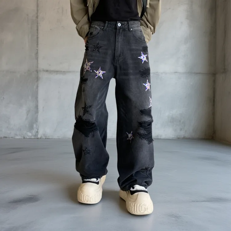 新款潮牌宽松大直筒休闲黑色水洗假破洞牛仔裤高街嘻哈街舞牛仔裤