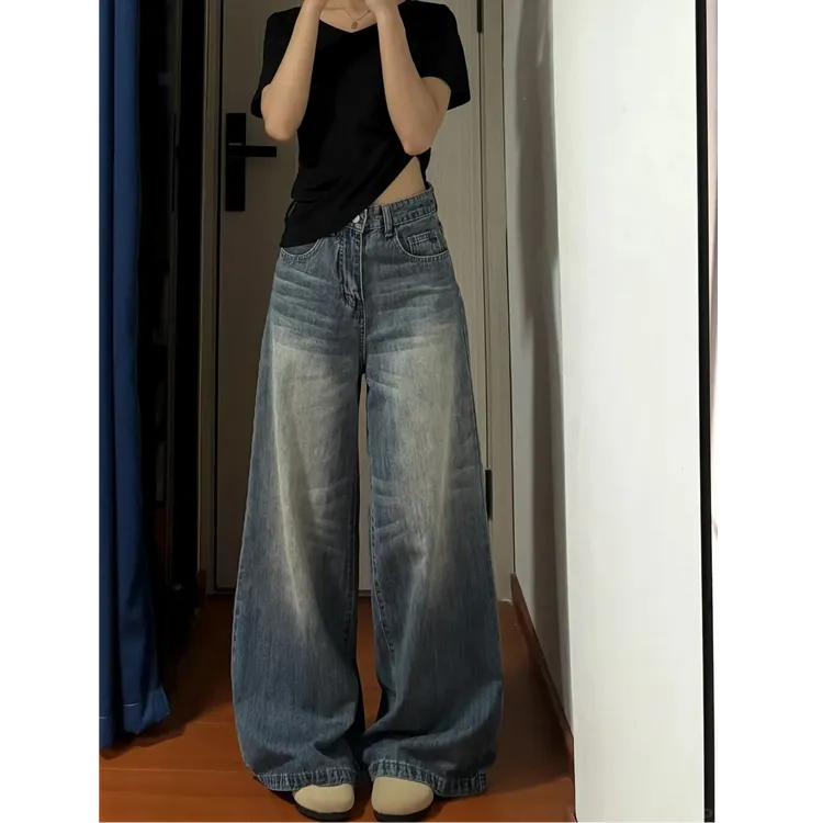  美式复古蓝色微喇阔腿牛仔裤女夏季新款高腰垂感显瘦喇叭拖地裤