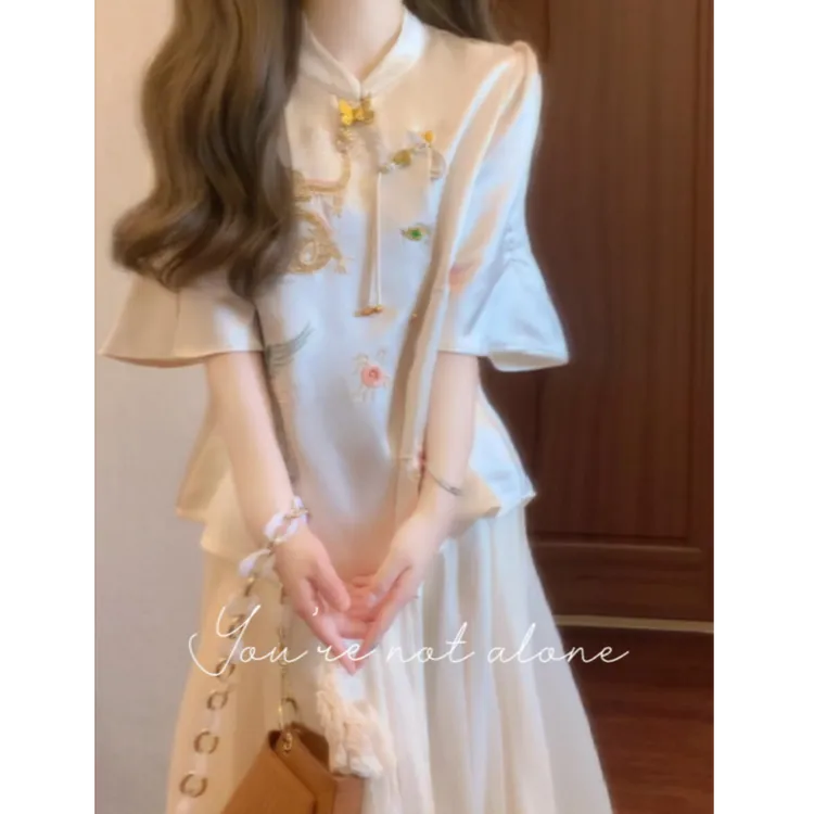 【龙风吟】2025夏季新款新中式重工彩绣盘扣短袖上衣高腰显瘦半身裙