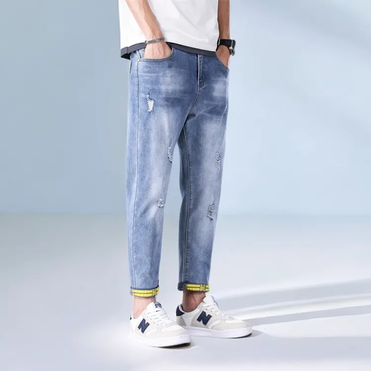 破洞直筒裤男士小个子九分牛仔裤百搭修身小脚高腰时尚牛仔裤男款