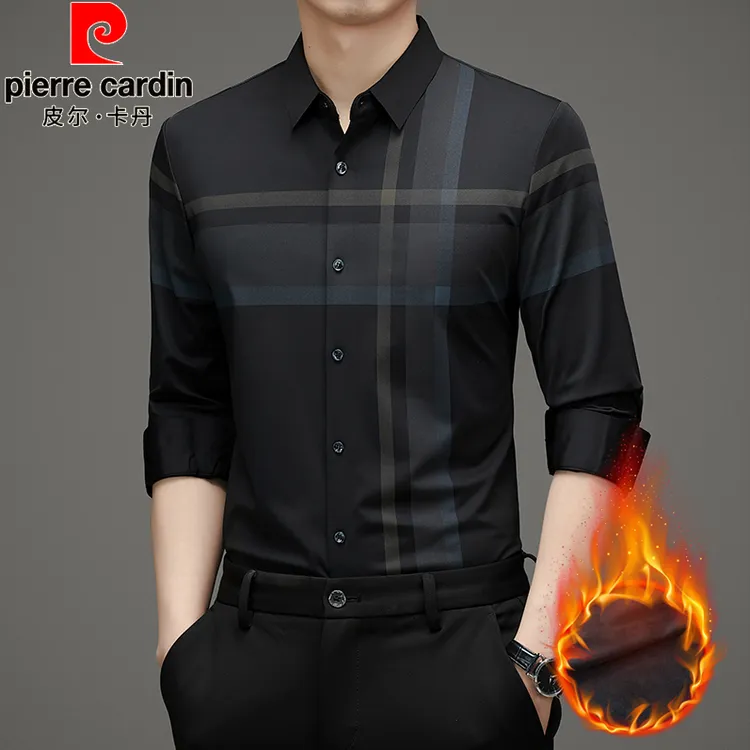 皮尔卡丹长袖衬衫男加绒加厚男中年男士高档无痕弹力格子商务衬衣