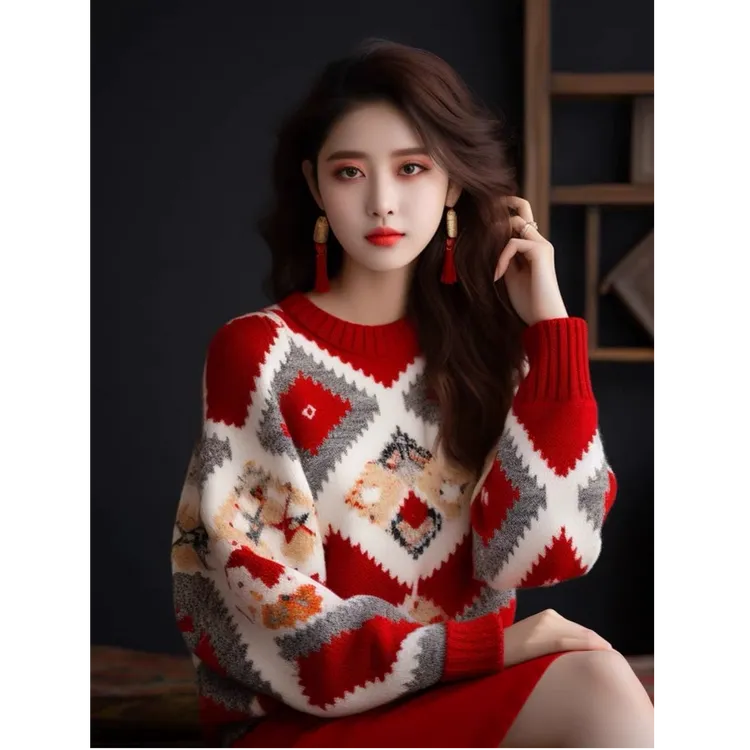 欧货高端时尚漂亮红色毛衣女款2024新款春秋加厚内搭宽松针织上衣