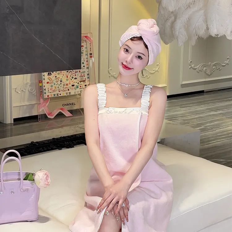 DIMDEVL/汀黛香榭丽粉拼白网红背带式浴巾速干吸水浴裙浴帽棉