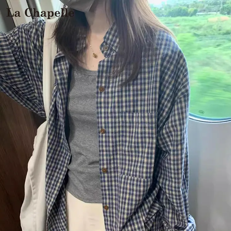 拉夏贝尔韩版蓝色格子长袖衬衫女春秋新款松弛慵懒风显瘦衬衣外套