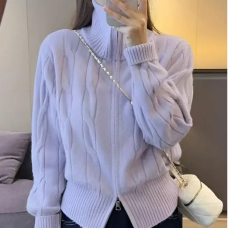 香芋紫奶fufu软糯高领针织外套女双拉链上衣秋冬韩系麻花毛衣开衫
