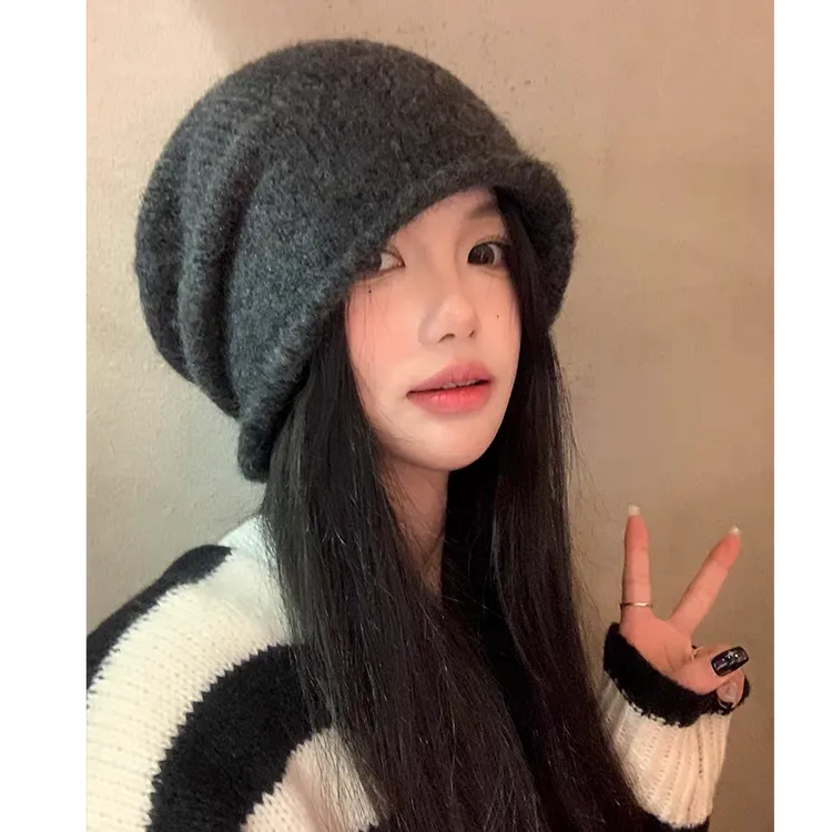 羊毛针织帽女秋冬显脸小卷边堆堆帽保暖防寒