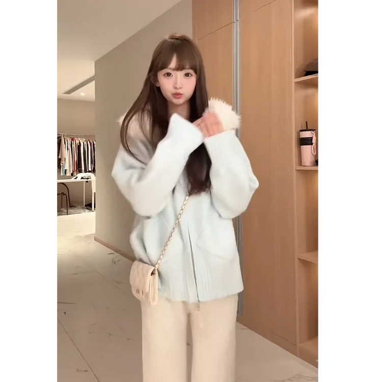 【正版原版：濮院原创】1122双拉链毛领连帽设计女显瘦针织秋冬外套