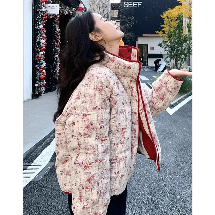 小香风印花立领短款棉服女2025冬季新款学院风甜美减龄面包服外套