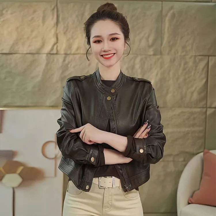 拉夏贝尔短款皮衣外套女秋季2025新款小个子修身复古皮夹克上衣潮