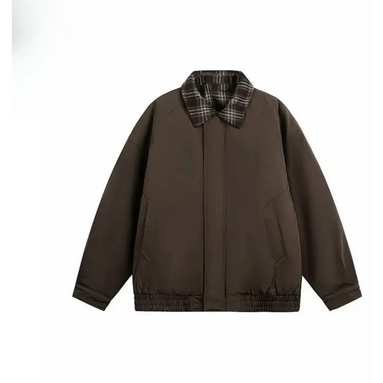 不凡-美式休闲拼接翻领外套保暖/复古宽松格子假两件棉服棉衣冬季