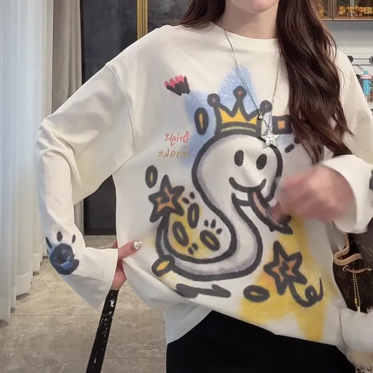 设计感小财神贪吃蛇长袖防晒2025夏季新款重工别致圆领减龄上衣