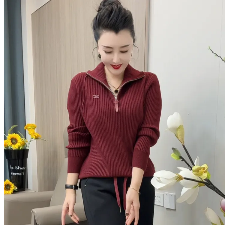 6863-半拉链女简约时尚针织显瘦毛针织衫秋冬长袖女装打底衫套头