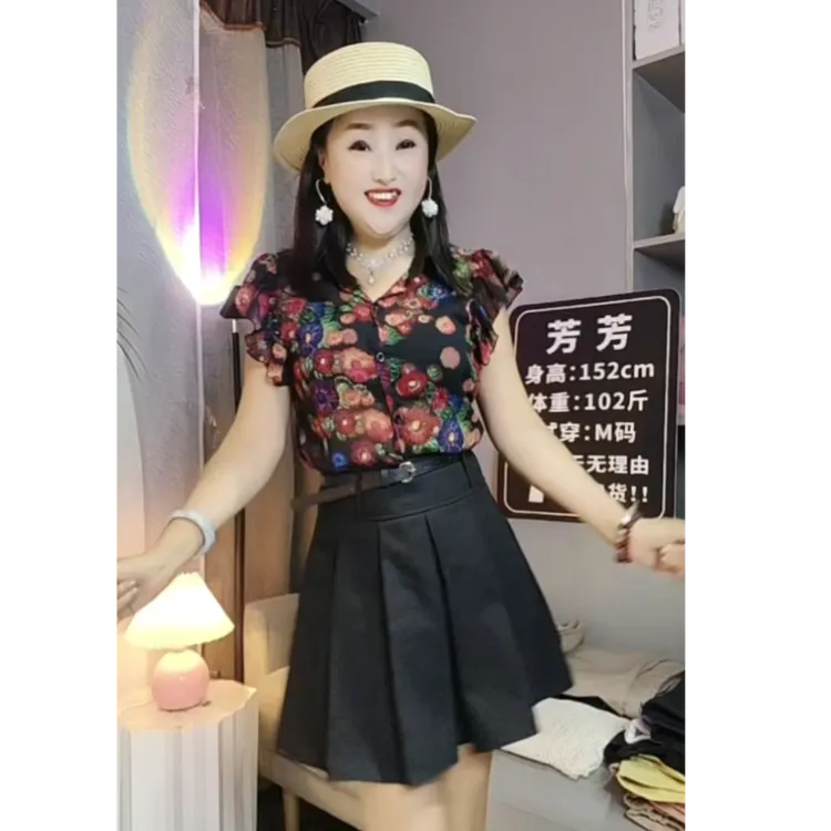 【芳芳女装】网红夏季新款时尚百搭印花无袖polo领衬衫洋气韩版小衫