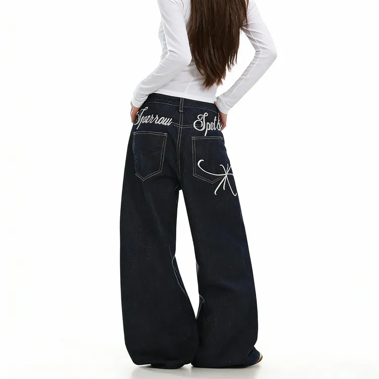 ORDERSTAGE美式复古刺绣字母牛仔裤女设计感宽松直筒拖地长裤子潮