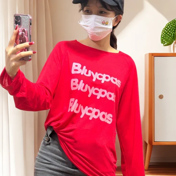 夏季显瘦T恤圆领长袖洋气秋款洋气漂亮出片衣服宽松红色小衫上衣