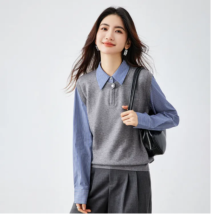 【叠穿条纹控】翻领衬衫女长袖时尚针织马甲毛衣拼接衬衣假两件打底