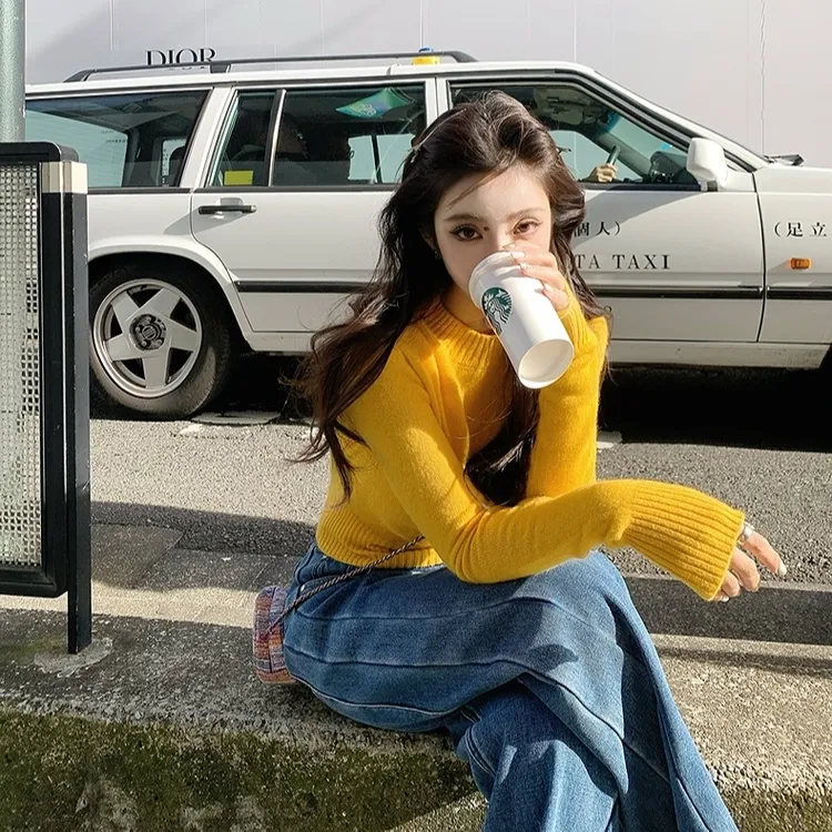 美式辣妹针织衫女春季2025新款设计感修身收腰长袖毛衣内搭短上衣