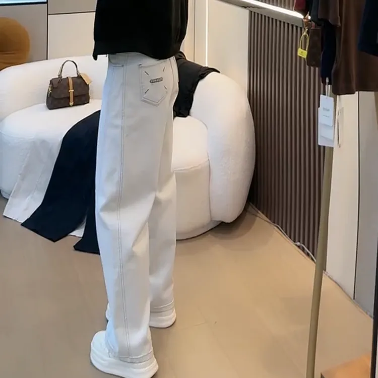 白色窄版直筒牛仔裤女2025秋季新款大码高腰显瘦弹力阔腿拖地裤子