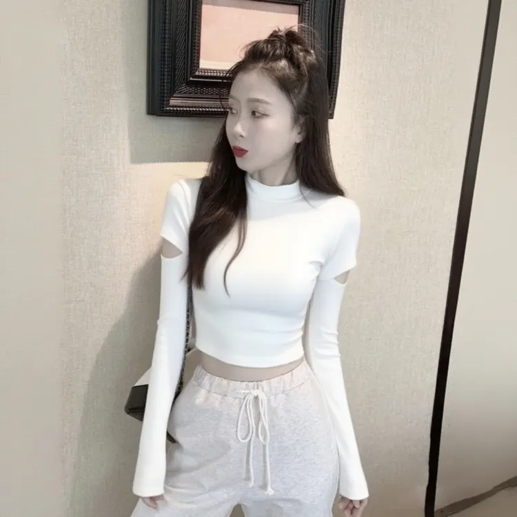 秋游螺纹破洞短款高腰半高领T恤打底衫女生秋冬衣服内搭