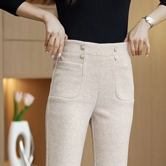 羊绒毛呢裤女秋冬小个子杏色高腰显瘦窄版微喇裤加绒加厚妈妈裤子