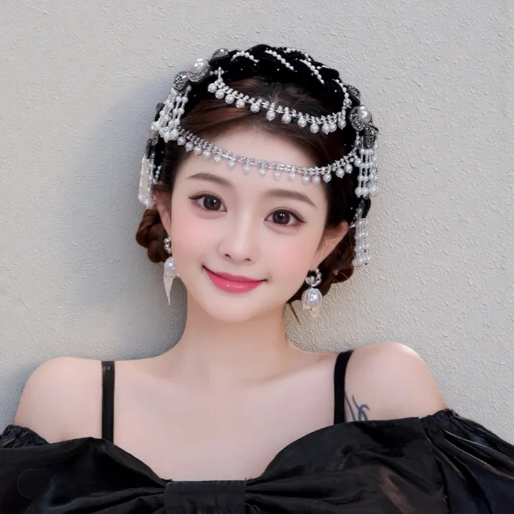 一帘幽梦宽边发箍手工编织民族风发饰花朵可拆卸流苏珠珠法式头饰