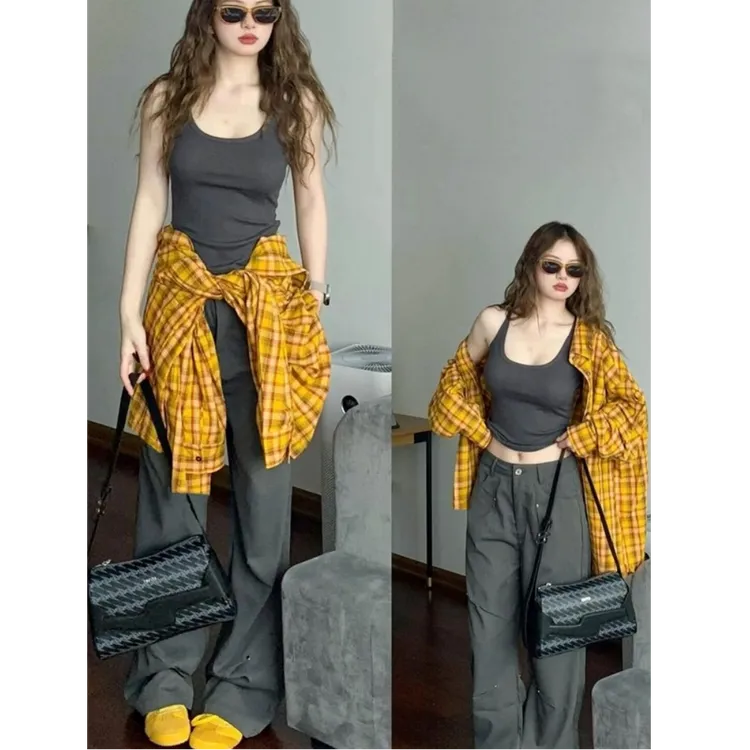 美式复古格子长袖衬衫秋季宽松百搭外套叠穿外穿设计感小众衬衣女