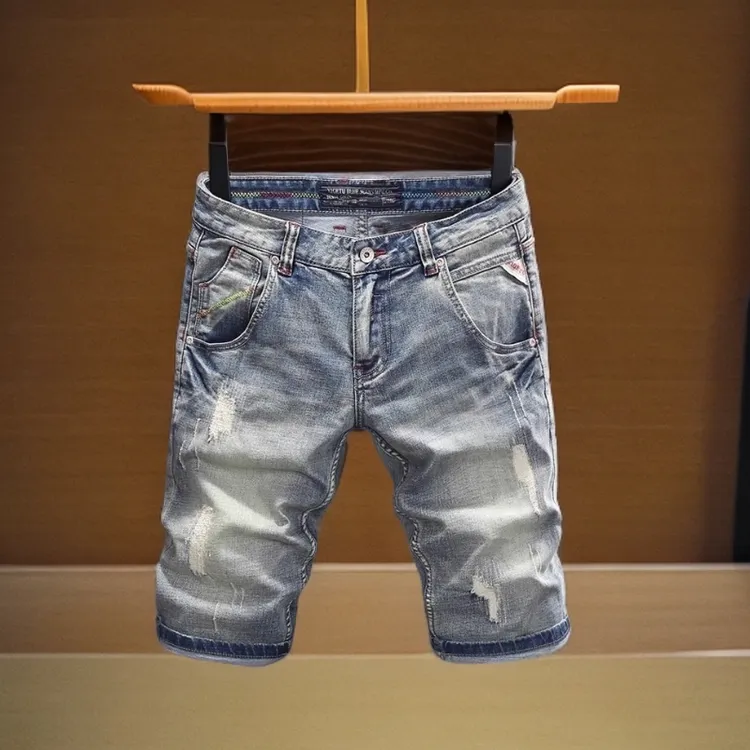 肯珀蒂韦KEMPOTIWON2025夏季牛仔短裤男潮牌破洞复古休闲中裤男士