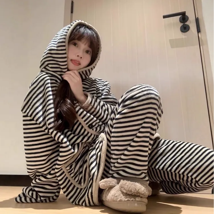 女冬季家居服套装女秋冬条纹睡衣秋冬条纹百搭慵懒风睡衣连帽卫衣