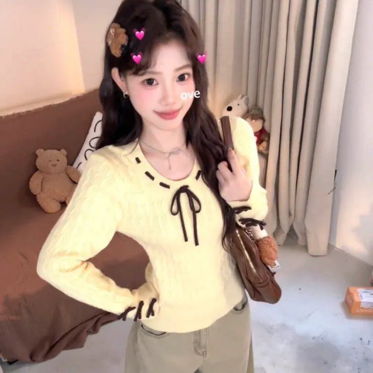 韩系复古蝴蝶结绞花长袖针织衫女秋冬季慵懒风软糯显瘦打底衫上衣