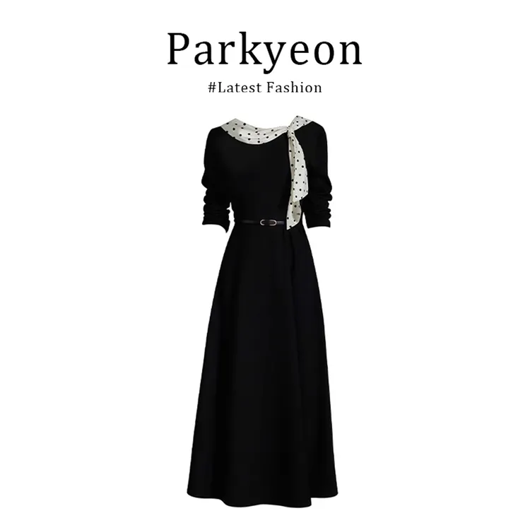 parkyeon法式气质显瘦轻奢优雅连衣裙女赫本风泡泡袖波点小黑裙女