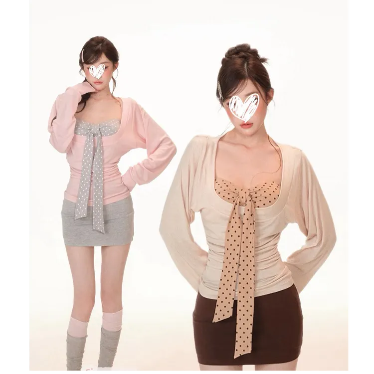 秋季两件套长袖打底衫上衣+波点抹胸少女休闲度假风