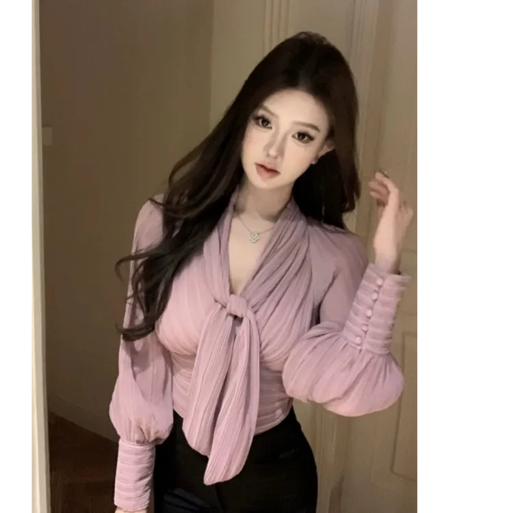 温柔风粉紫色系带长袖衬衫女春款打褶修身款短款上衣显瘦气质衬衣