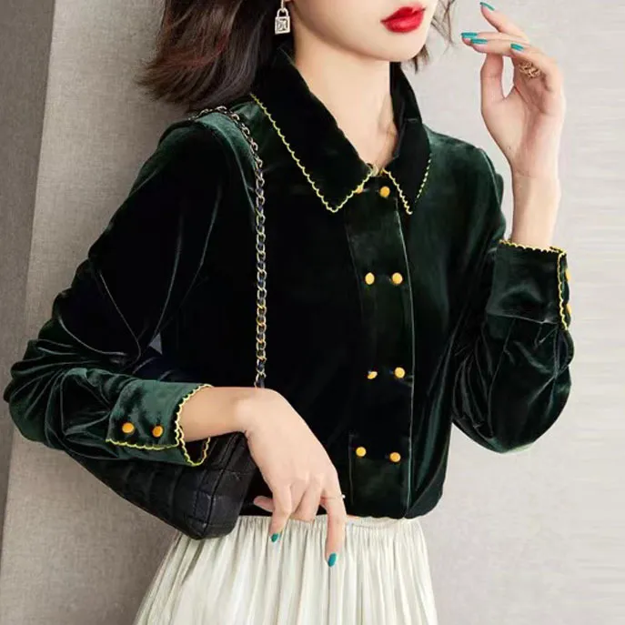 哥弟阿玛施正2025春秋新款时尚复古Polo领丝绒休闲长袖衬衫衬衣女