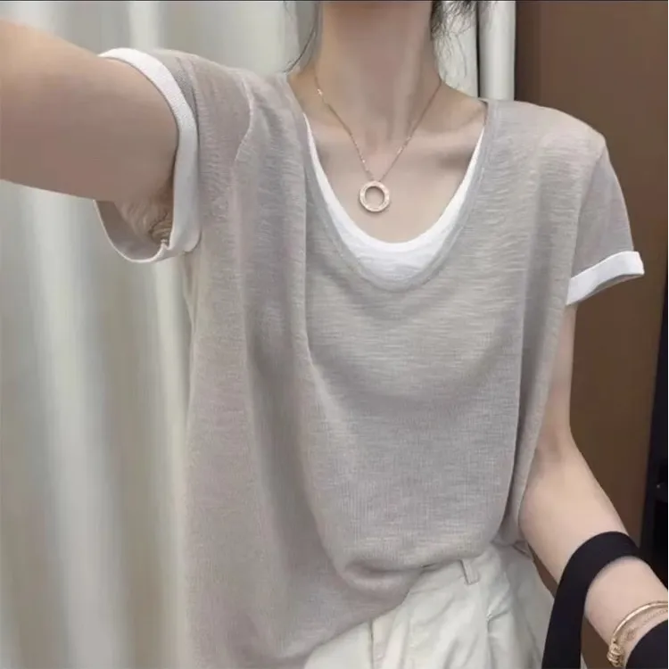 冰丝假两件薄款舒适柔软短袖T恤夏时尚V领气质休闲减龄针织上衣潮