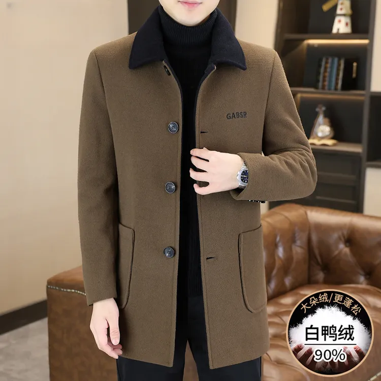 毛呢大衣男中长款秋冬季白鸭绒内胆加厚呢子羽绒外套男士翻领风衣