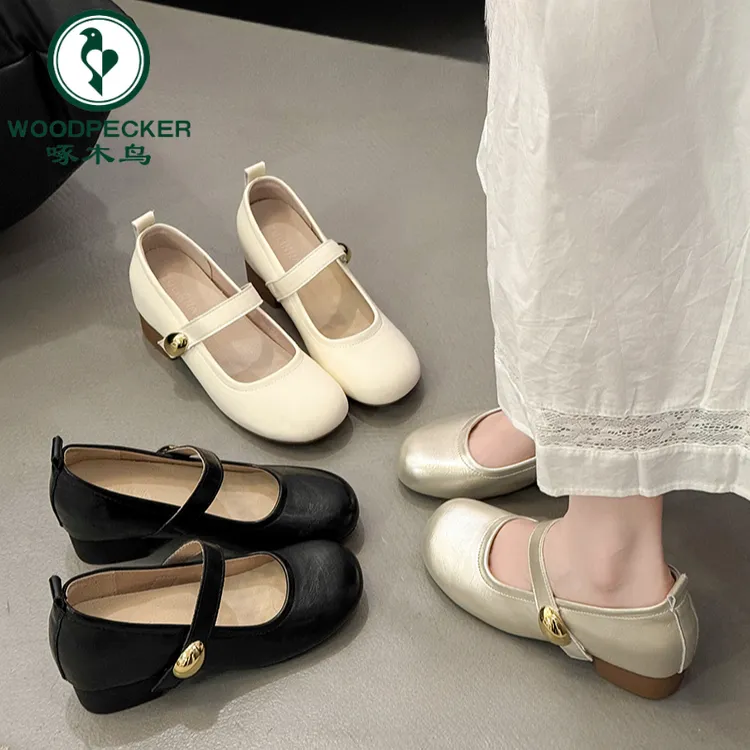啄木鸟内增高7CM玛丽珍鞋2025秋新款浅口小个子不累脚粗跟单鞋女