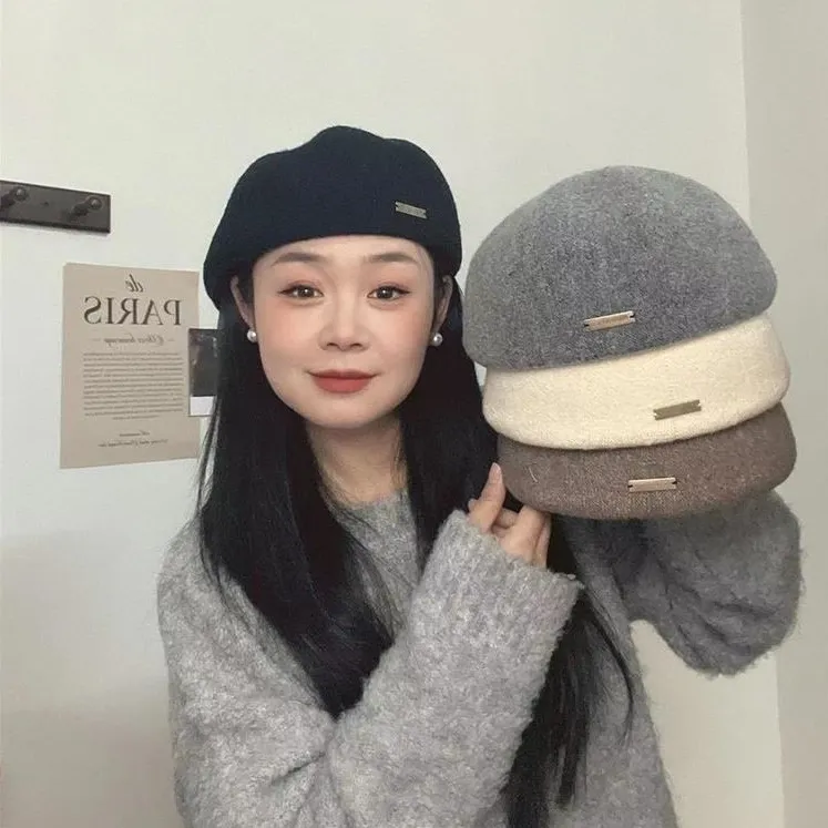 优雅气质百搭贝雷帽子女秋冬新款针织帽复古毛呢保暖画家帽前进帽