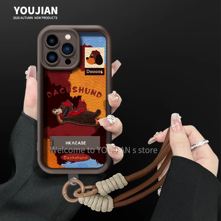 适用【苹果/oppo/华为/vivo/小米】秋冬复古刺绣小狗防摔手机壳女款