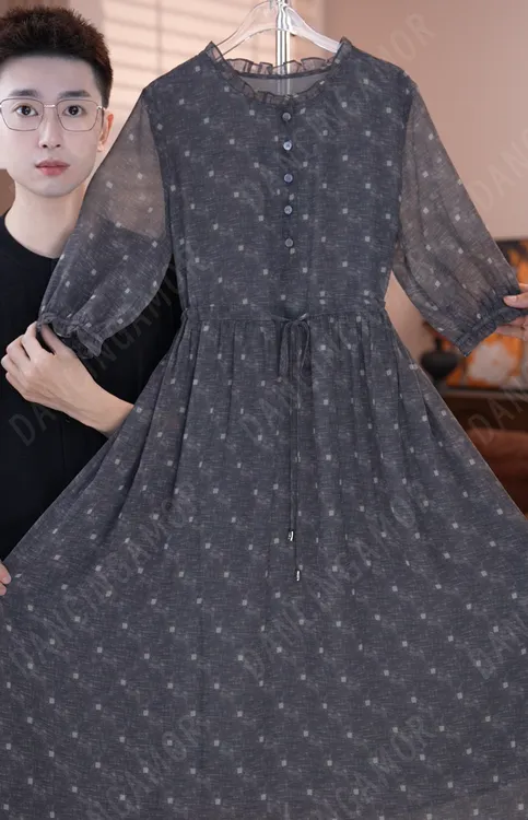 【暮霭】花边立领也优雅显瘦抽绳波点碎花真丝连衣裙夏季新款