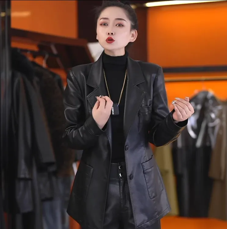 （王美丽1）688新款收腰显瘦气质女士西装皮衣