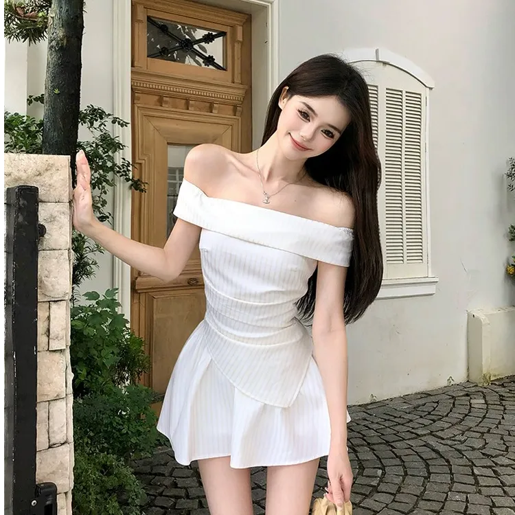 法式纯欲连衣裙子套装女设计感条纹不规则一字肩上衣半身短裙夏季