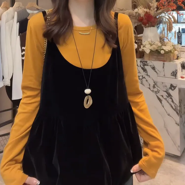 【双拼童话】网红洋气炸街秋季长袖打底衫+吊带两件套女LK2506386